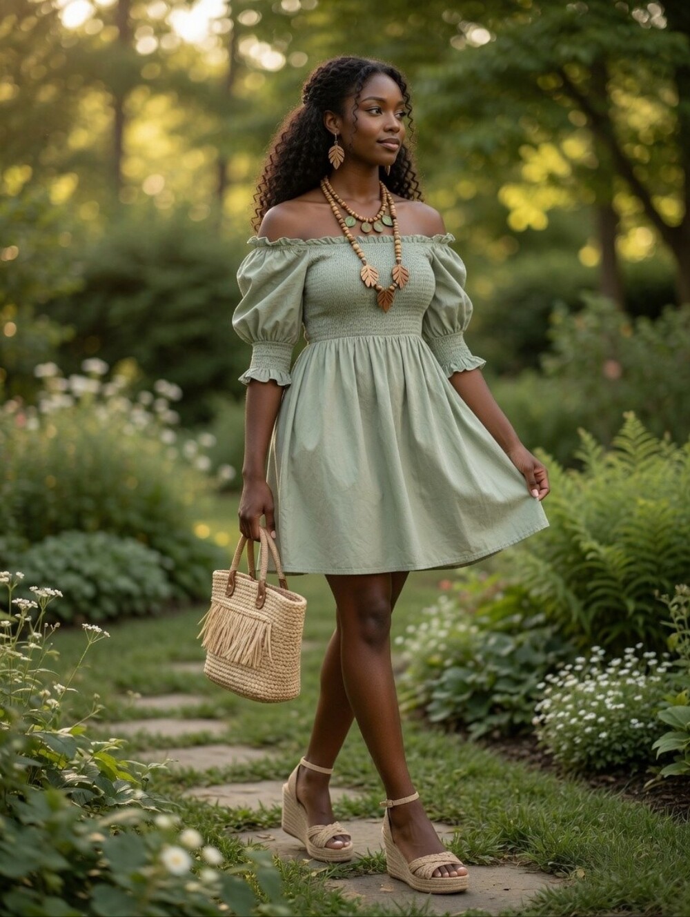 Sage Green Smocked Puff Sleeve Mini Dress Romantic Boho Cottagecore Milkmaid